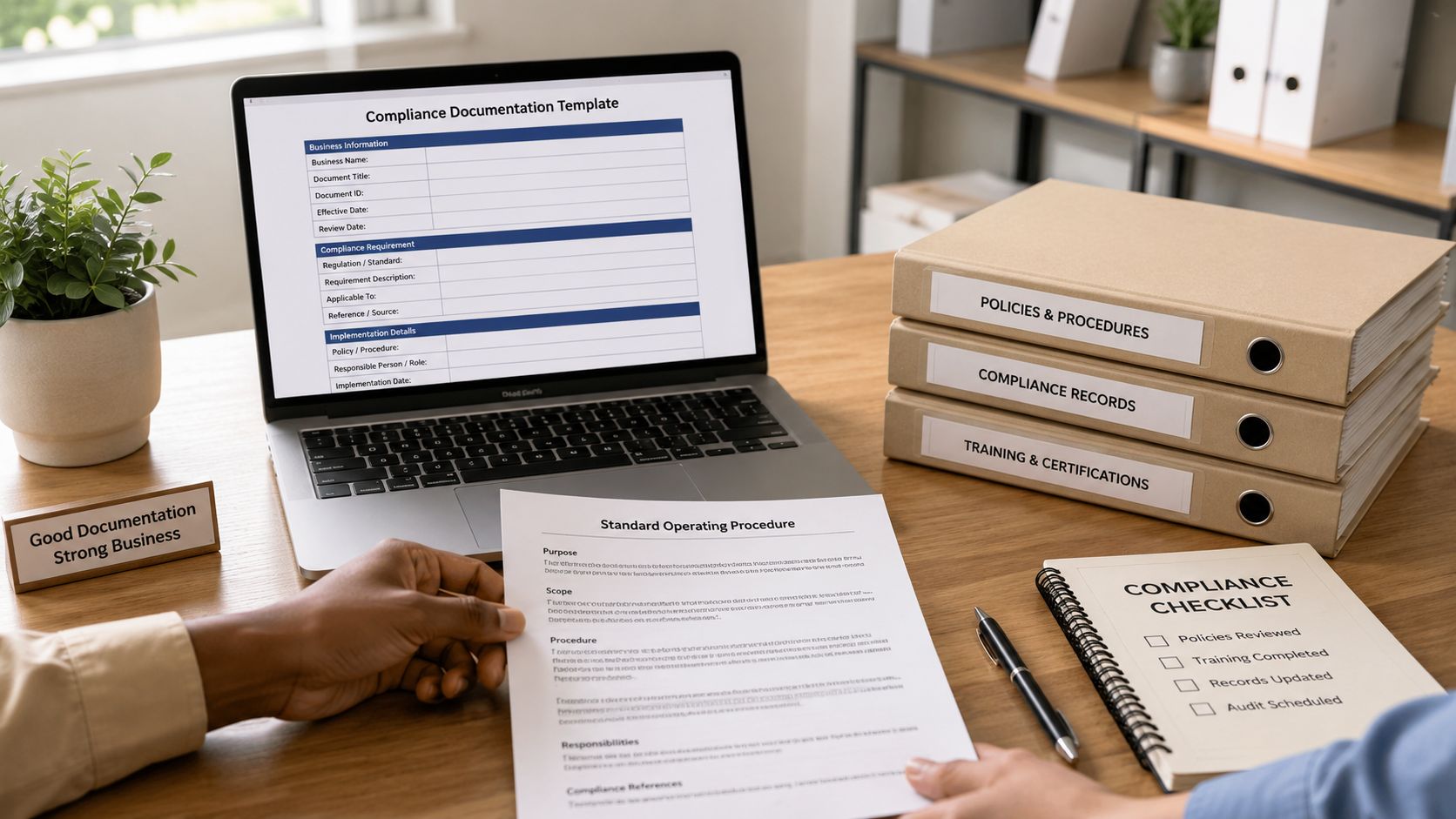 A professional desk with a laptop displaying a compliance document template, folders, and a compliance checklist.