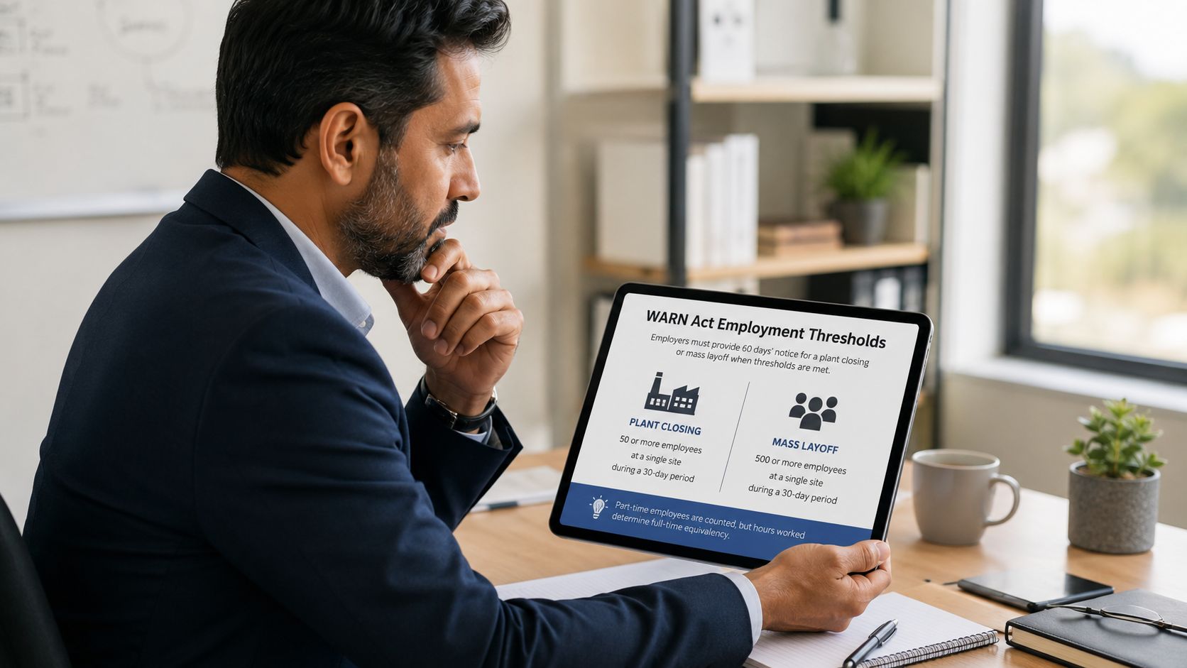 A professional man reviewing WARN Act employment thresholds on a digital tablet at his office desk.