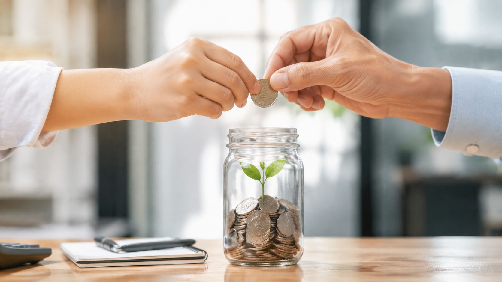 A person and an employee working together to put a coin into a jar containing a growing plant.