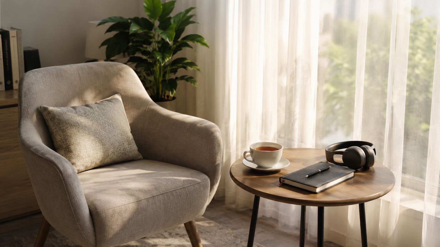 A cozy armchair with a pillow next to a small wooden table with tea, notebook, and headphones.