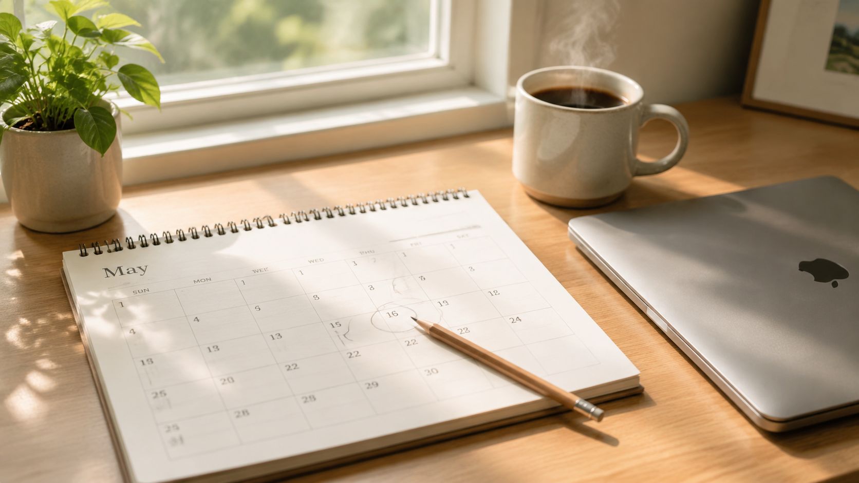 A wooden desk featuring a May calendar with the 16th circled, a hot coffee, and a laptop.