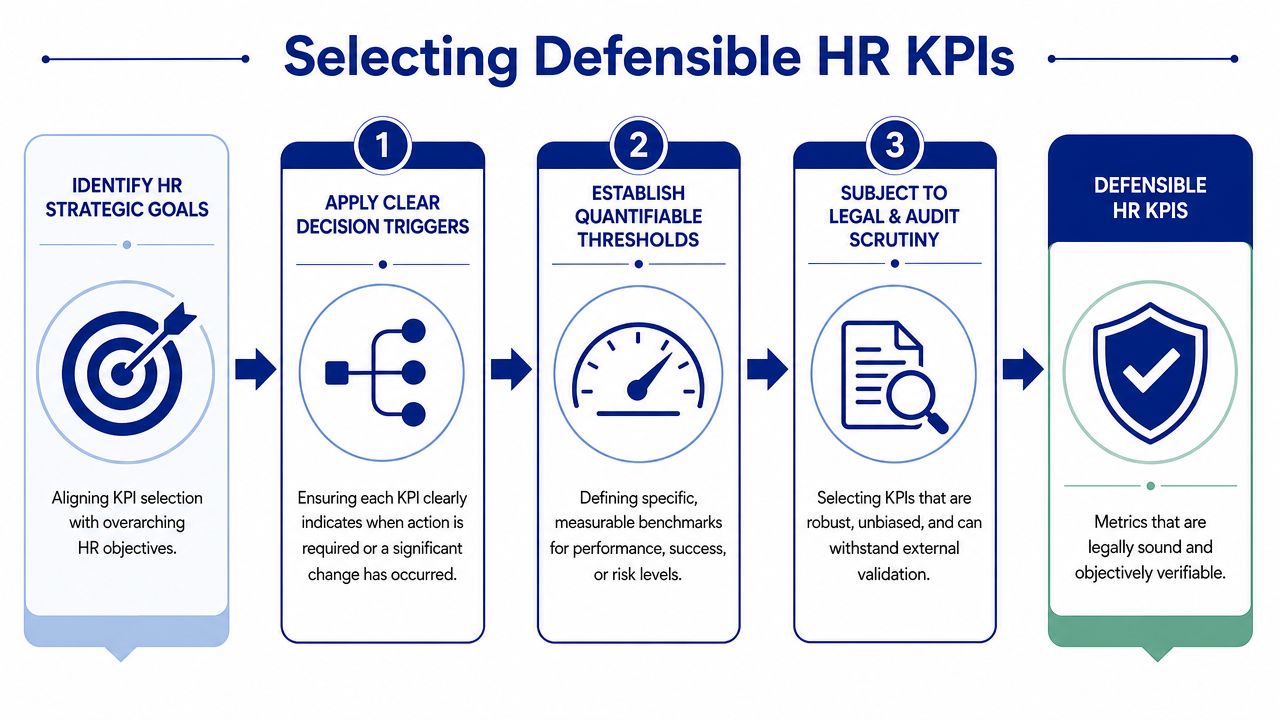 A diagram illustrating the four steps to select defensible HR KPIs, from goal alignment to legal validation.