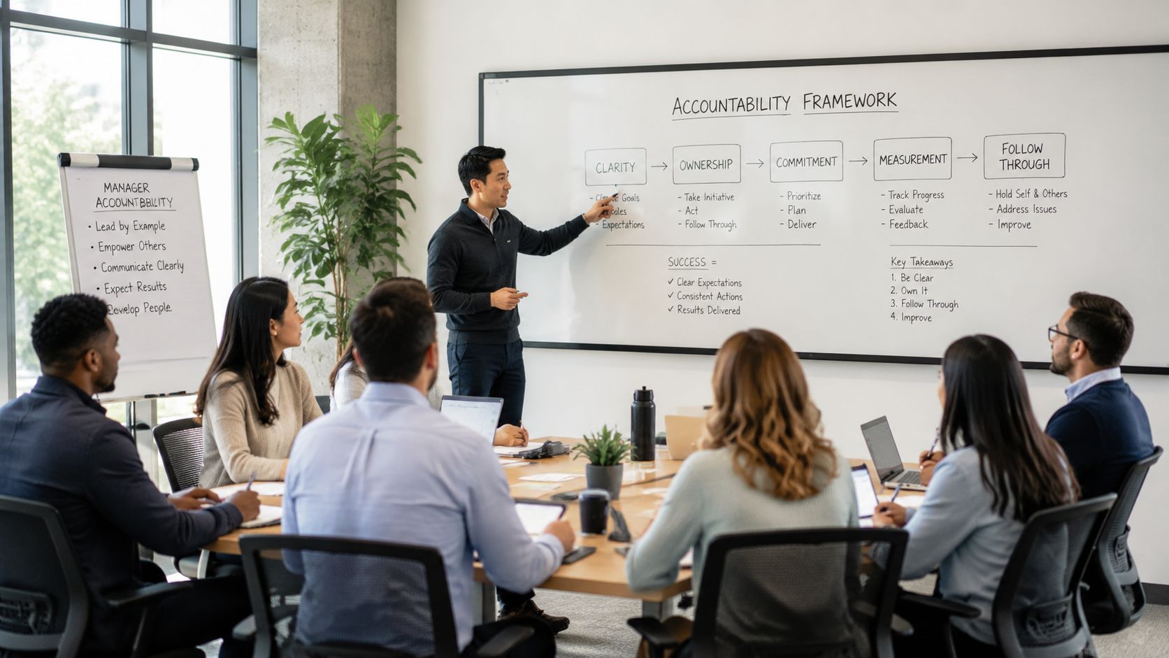 A professional manager leading a business presentation on an accountability framework to his engaged office team.