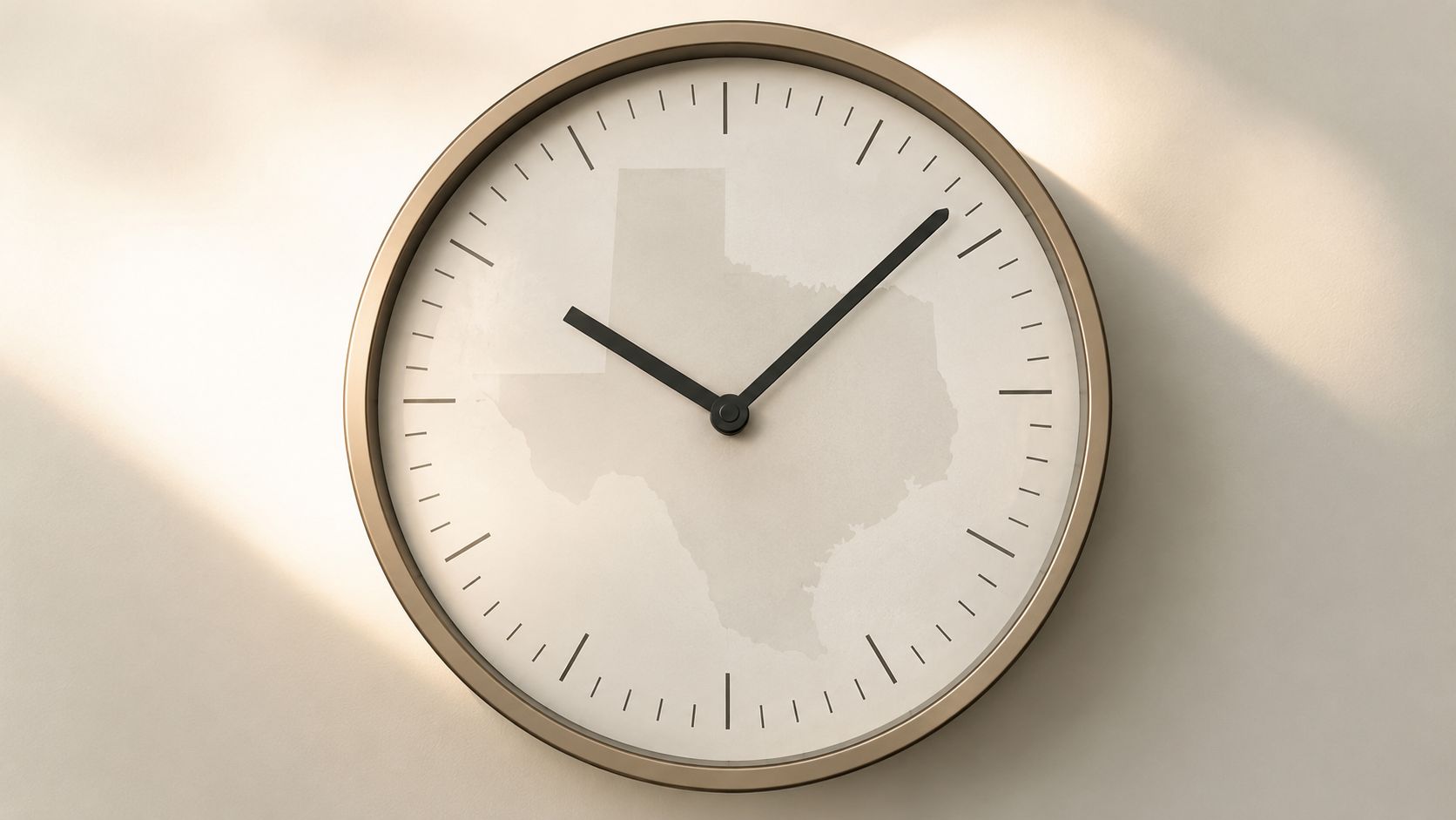 A modern wall clock featuring a map of Texas on its face against a soft neutral background.