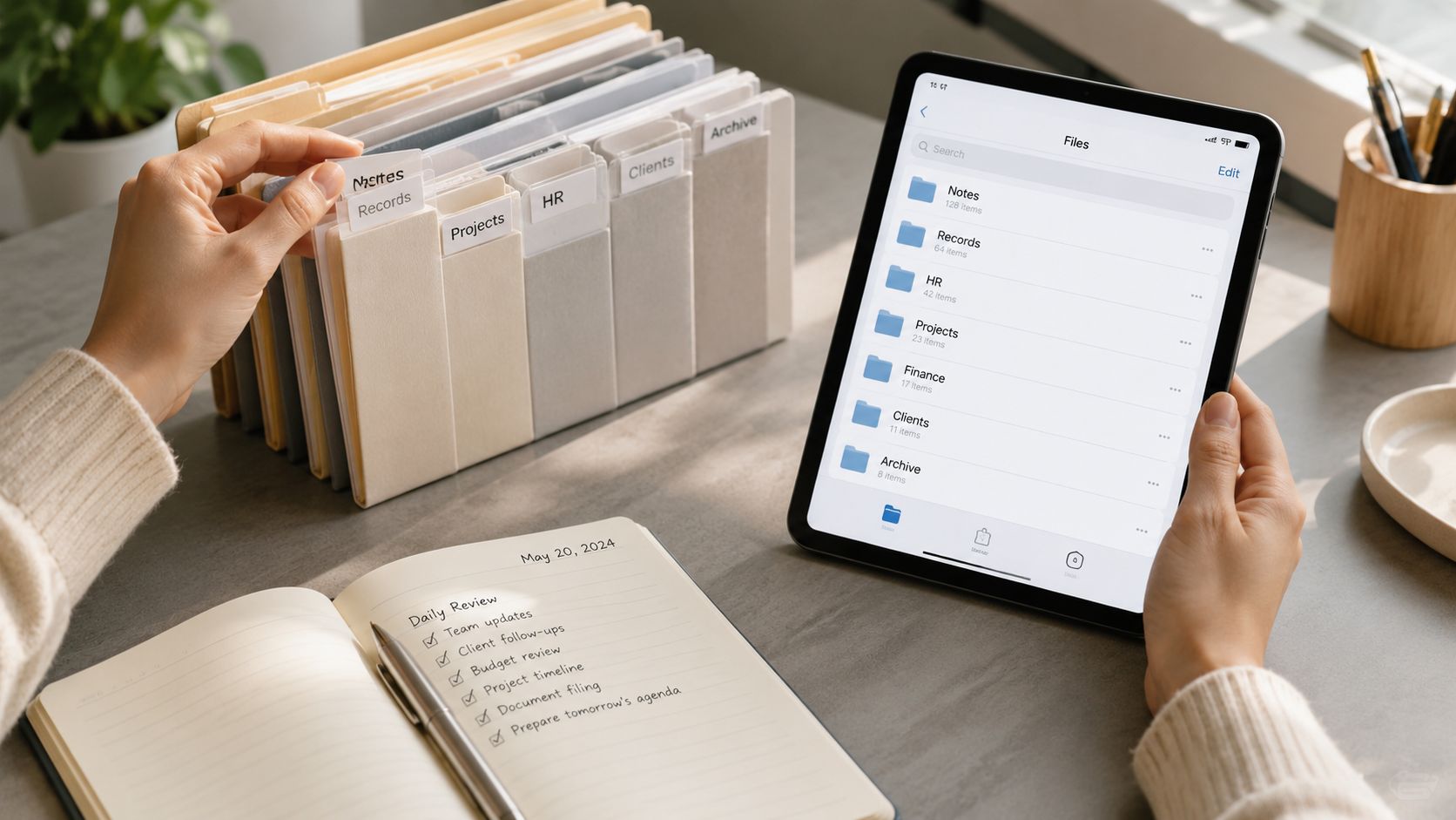 A person organizing files using a tablet, a physical file organizer, and a daily review planner.