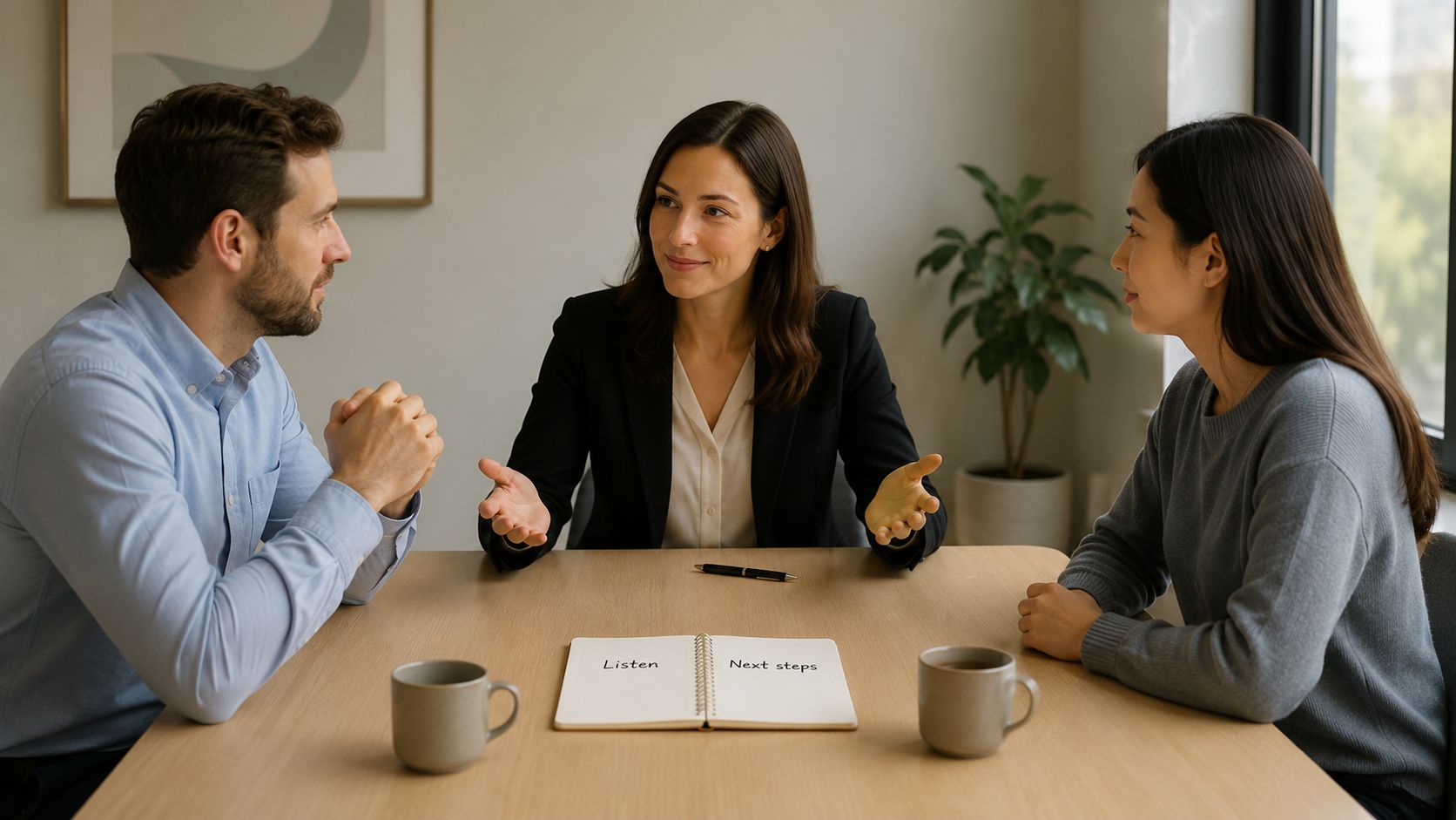 A professional woman facilitating a meeting with a couple sitting at a wooden table in an office.