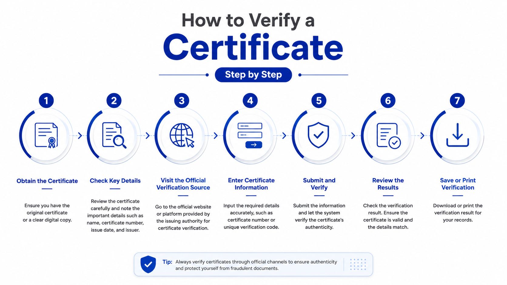 A step-by-step infographic illustrating seven steps on how to verify the authenticity of a certificate.