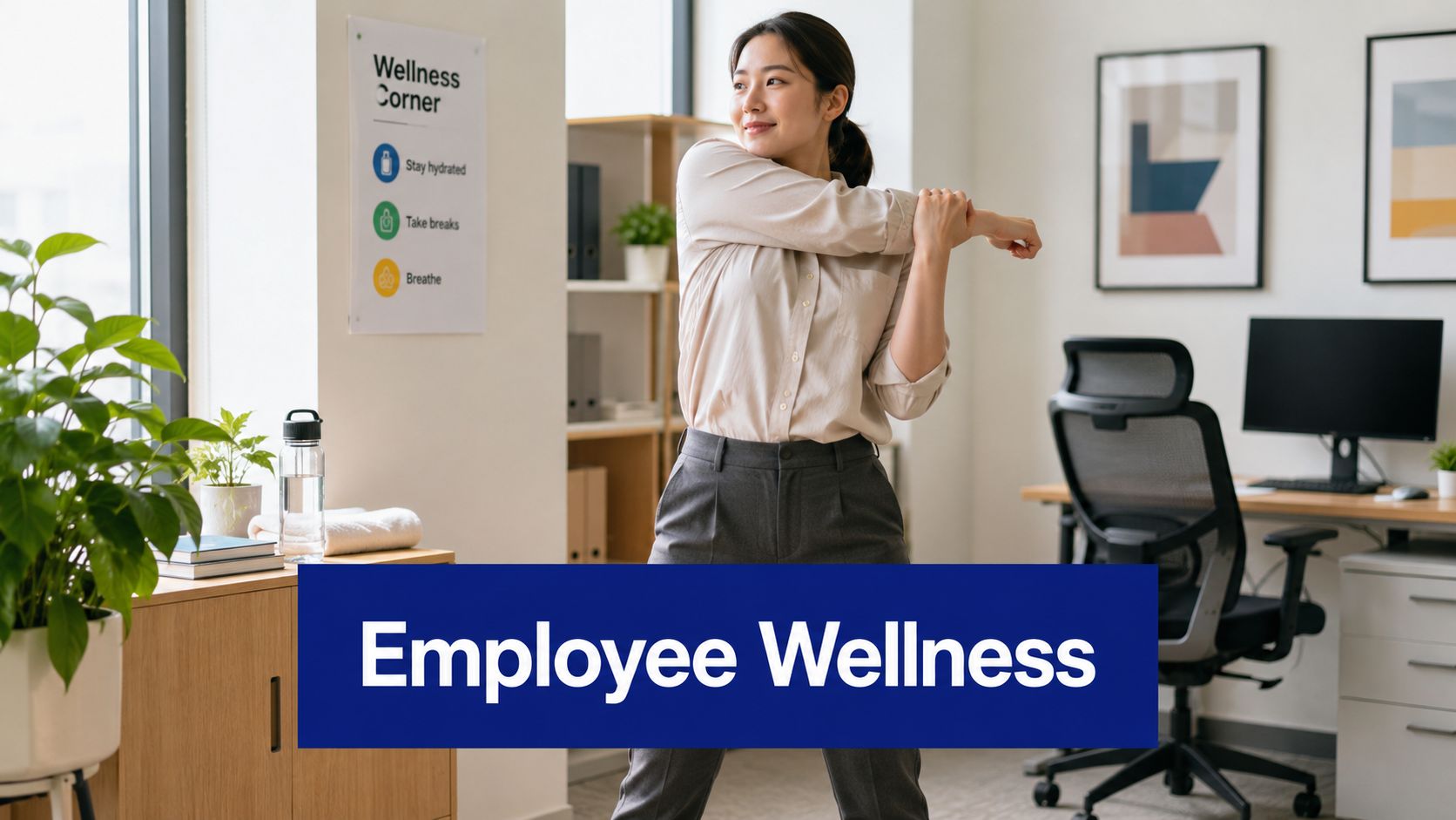 A professional woman doing a shoulder stretch in a bright, modern office with wellness posters.