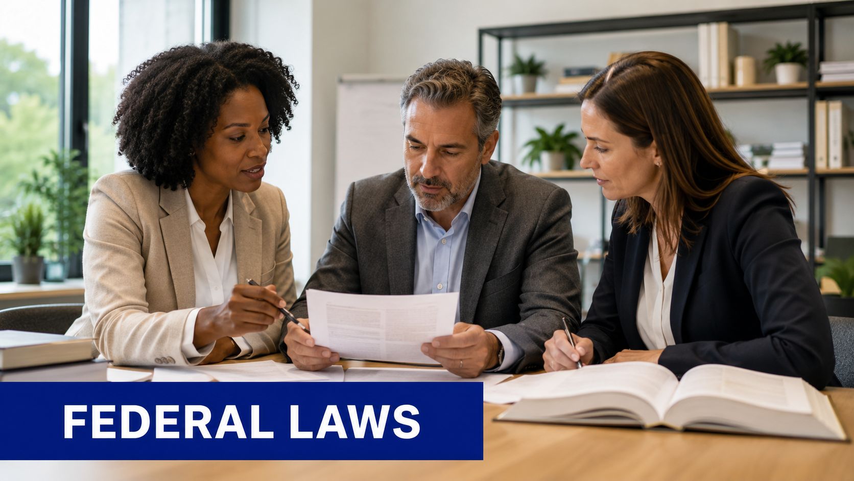A professional team of three lawyers collaborating while reviewing legal documents in a modern law office.