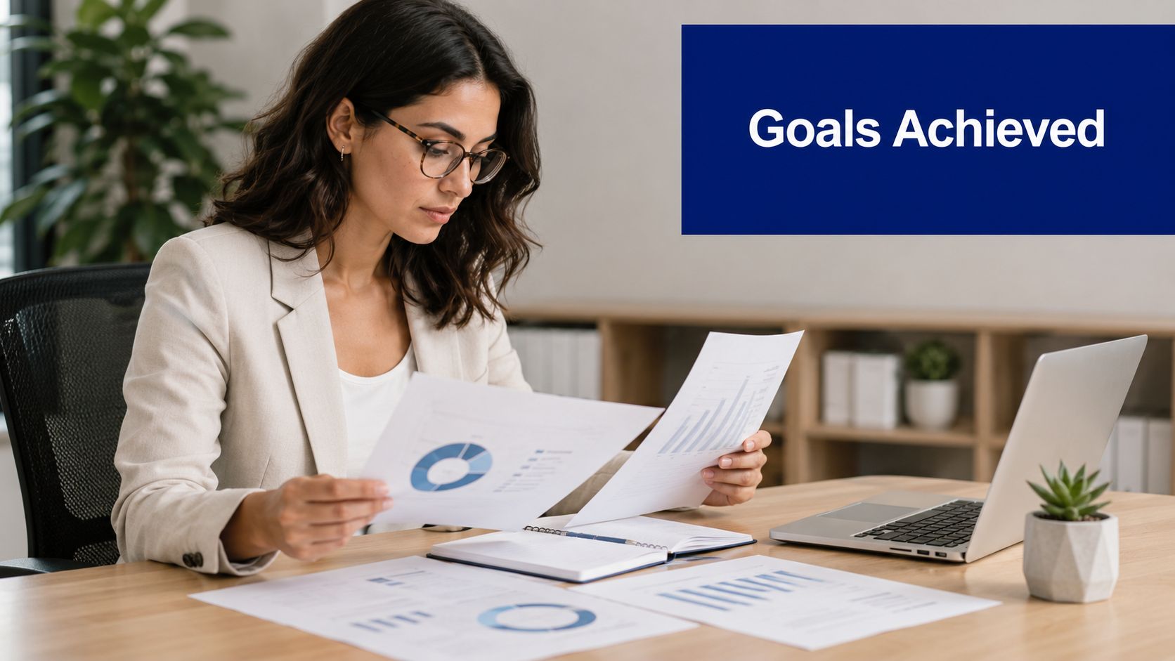 A professional woman in a blazer reviewing financial charts and documents at her clean office desk.