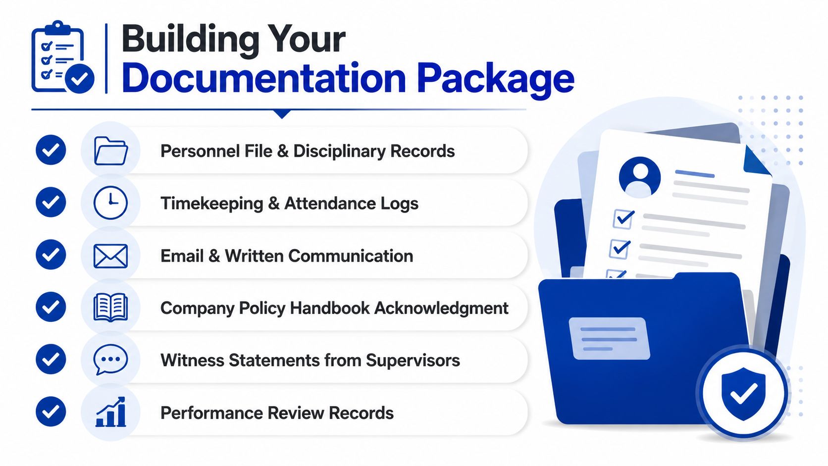 A checklist infographic illustrating the necessary documentation required for an employment-related appeal or formal human resources process.