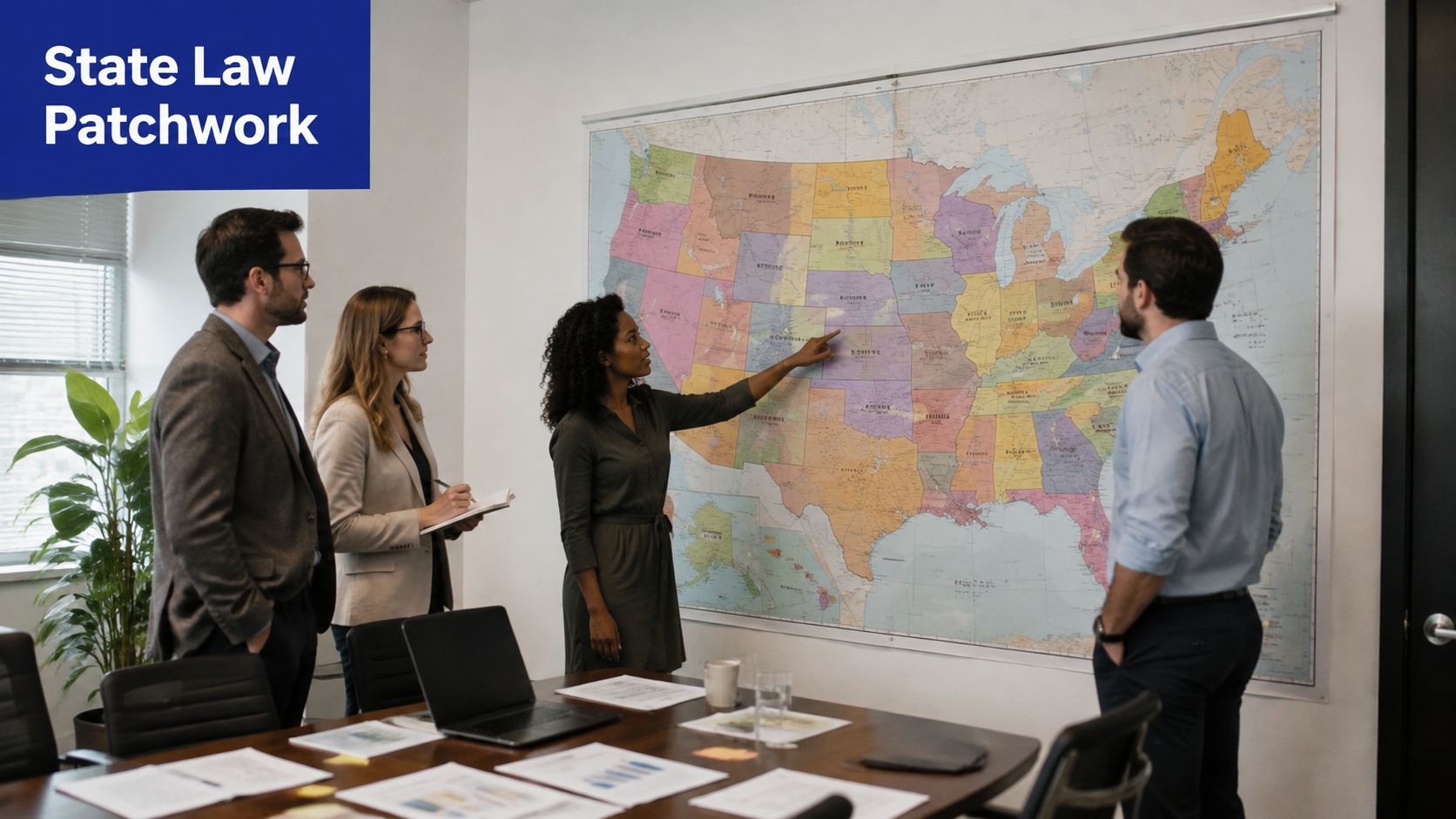 A professional team of four colleagues discussing business strategy while pointing at a large map.