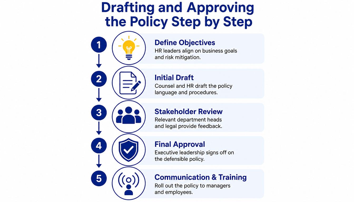 A five-step flowchart illustrating the process of drafting and approving a new corporate policy for an organization.