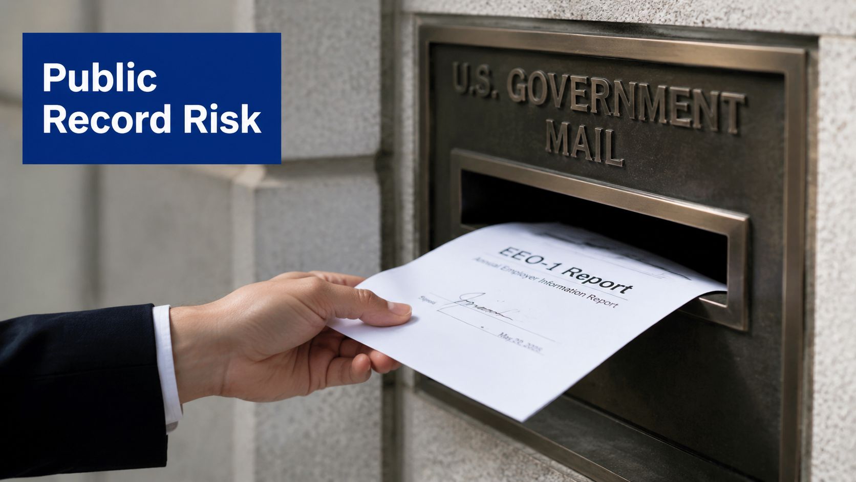 A businessman in a suit mailing an EEO-1 annual employer information report into a U.S. government mailbox.