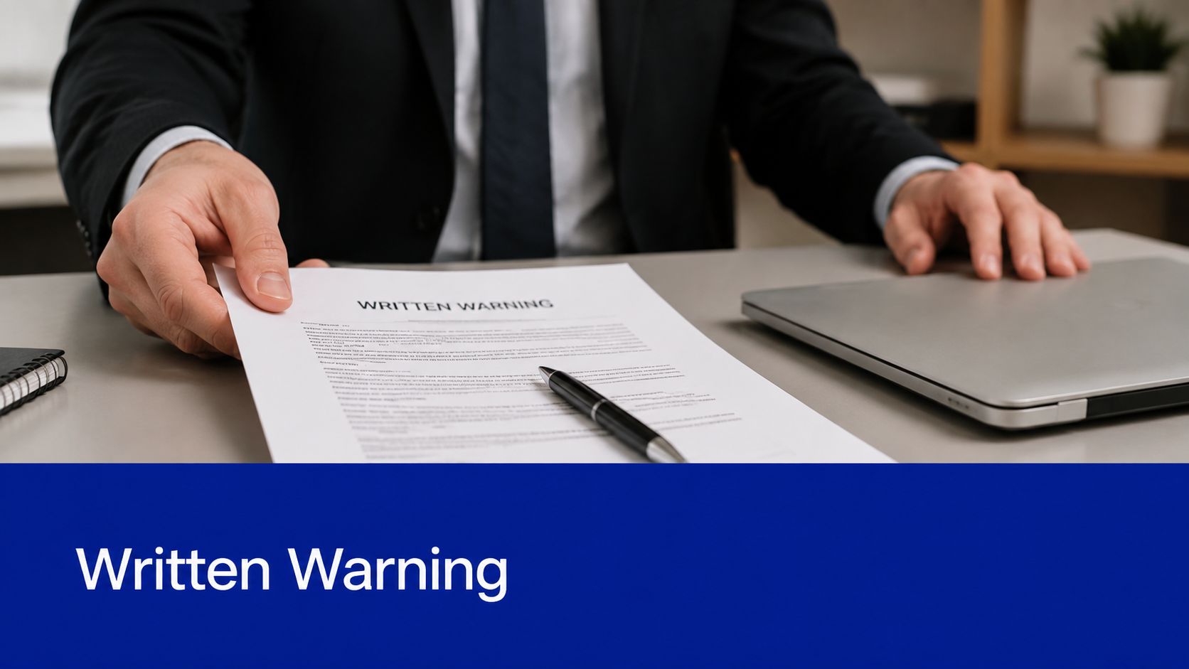 A professional in a suit handing a written warning document across a desk in an office.
