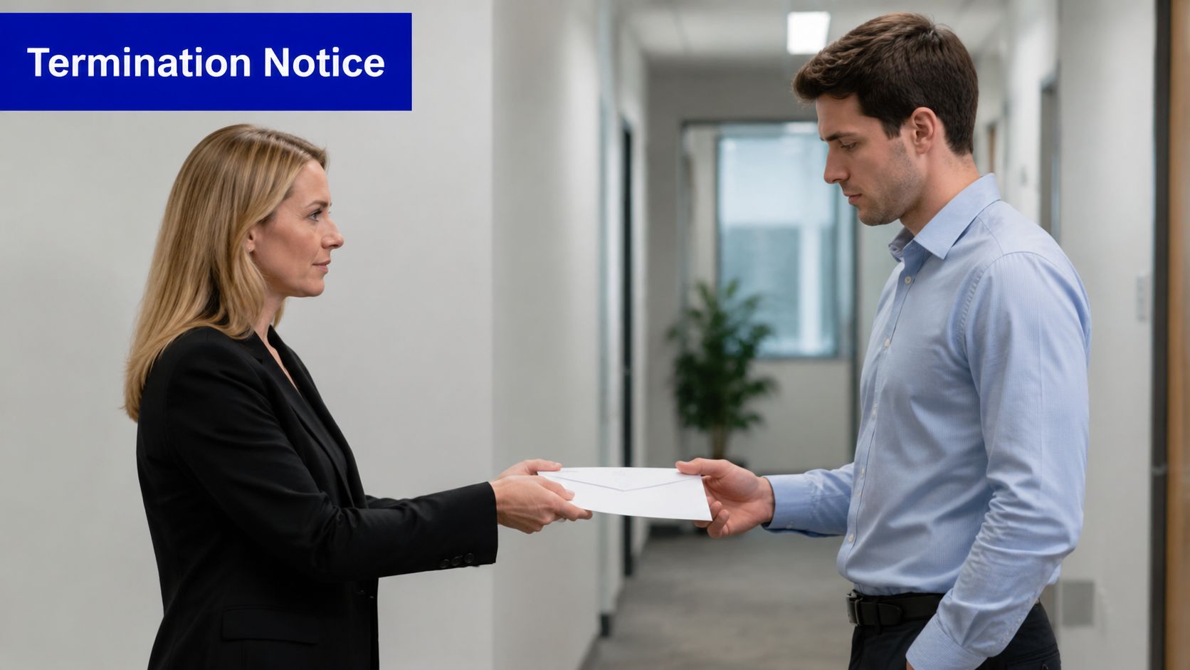 A professional woman in a suit handing a white envelope to a male employee in an office hallway.