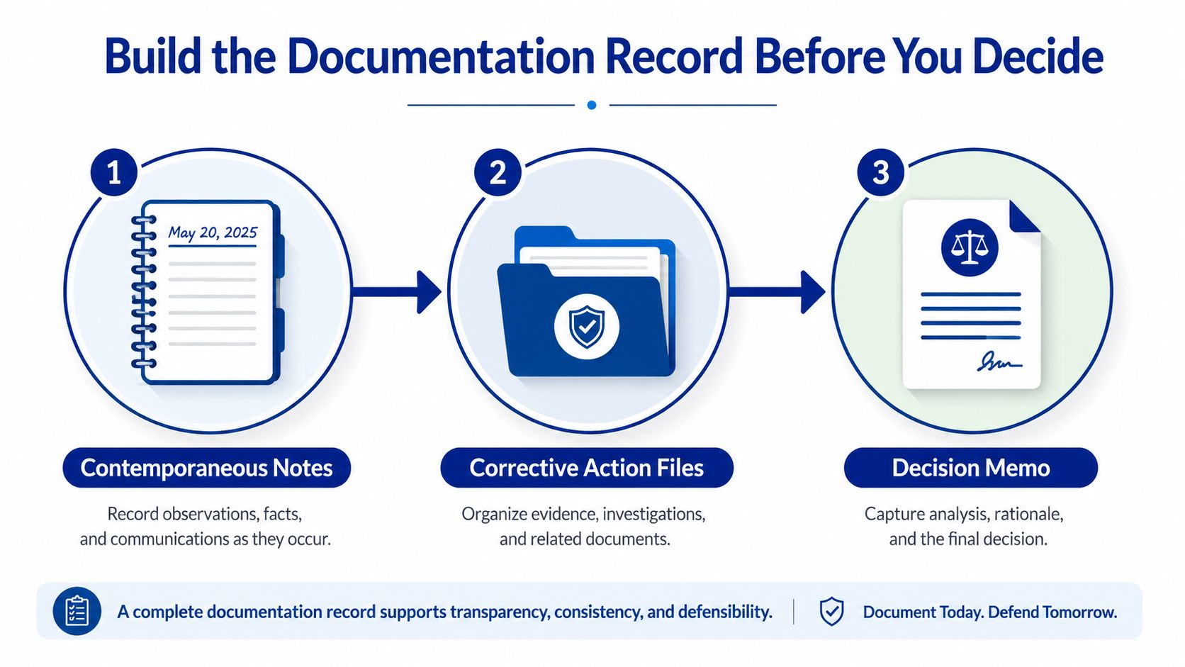 A three-step infographic illustrating how to document actions before making an employment decision for legal protection.