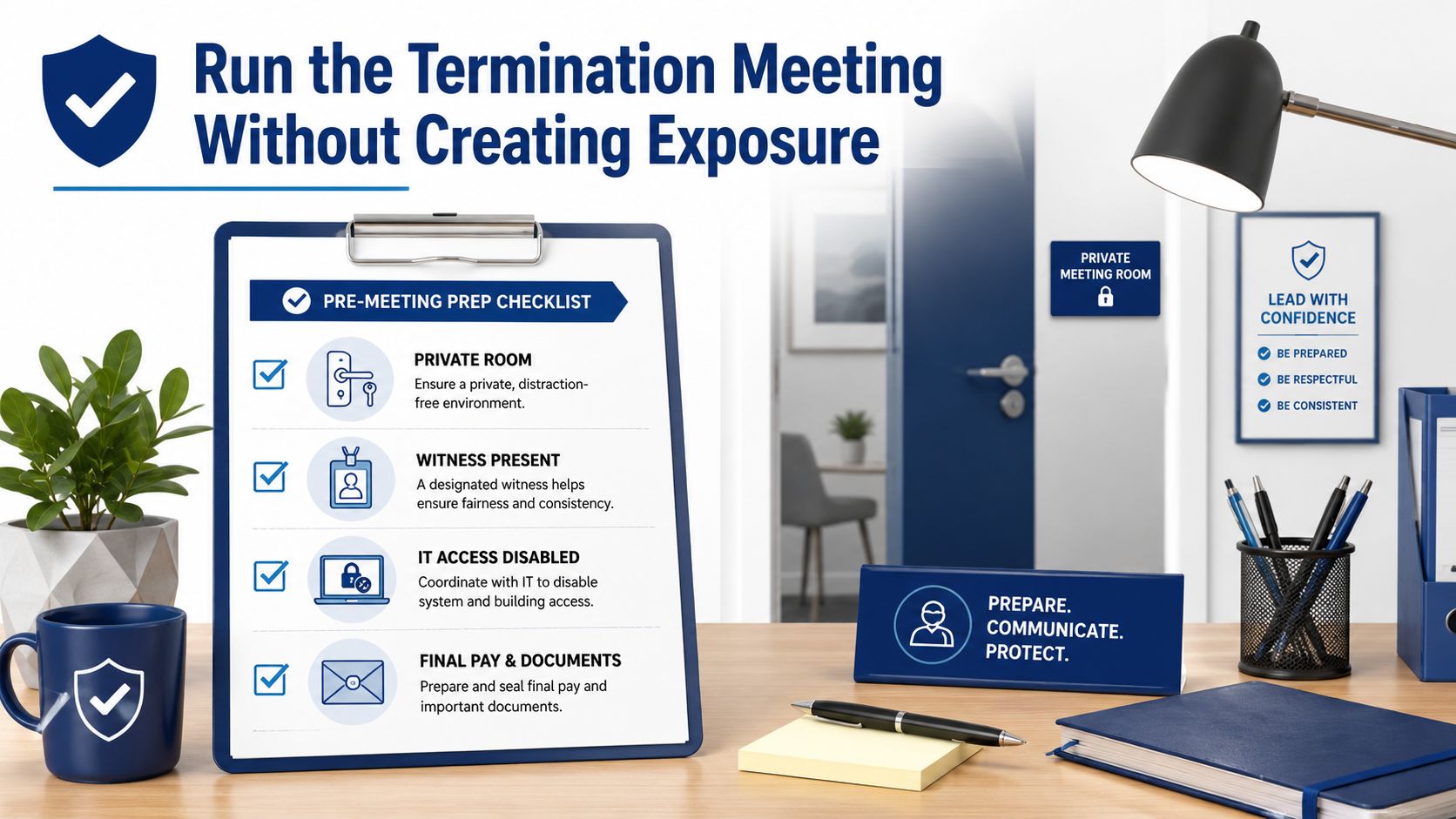 A professional checklist for conducting a termination meeting safely and legally in a private corporate office setting.