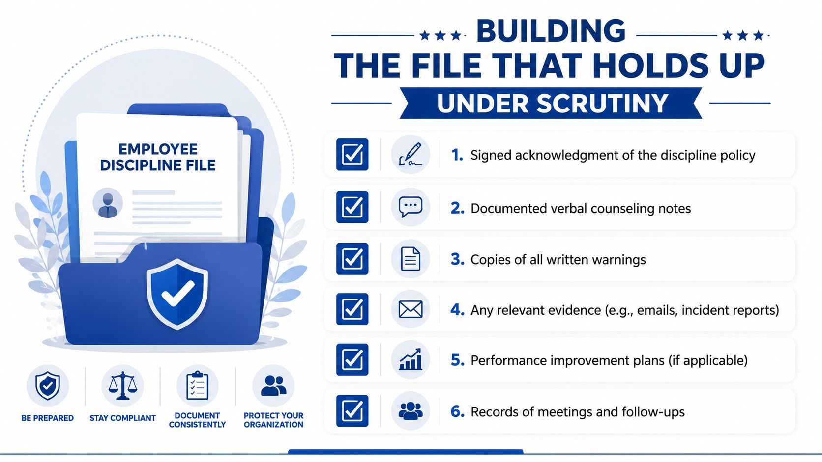 An infographic titled Building The File That Holds Up Under Scrutiny showing six essential documents for employee discipline.