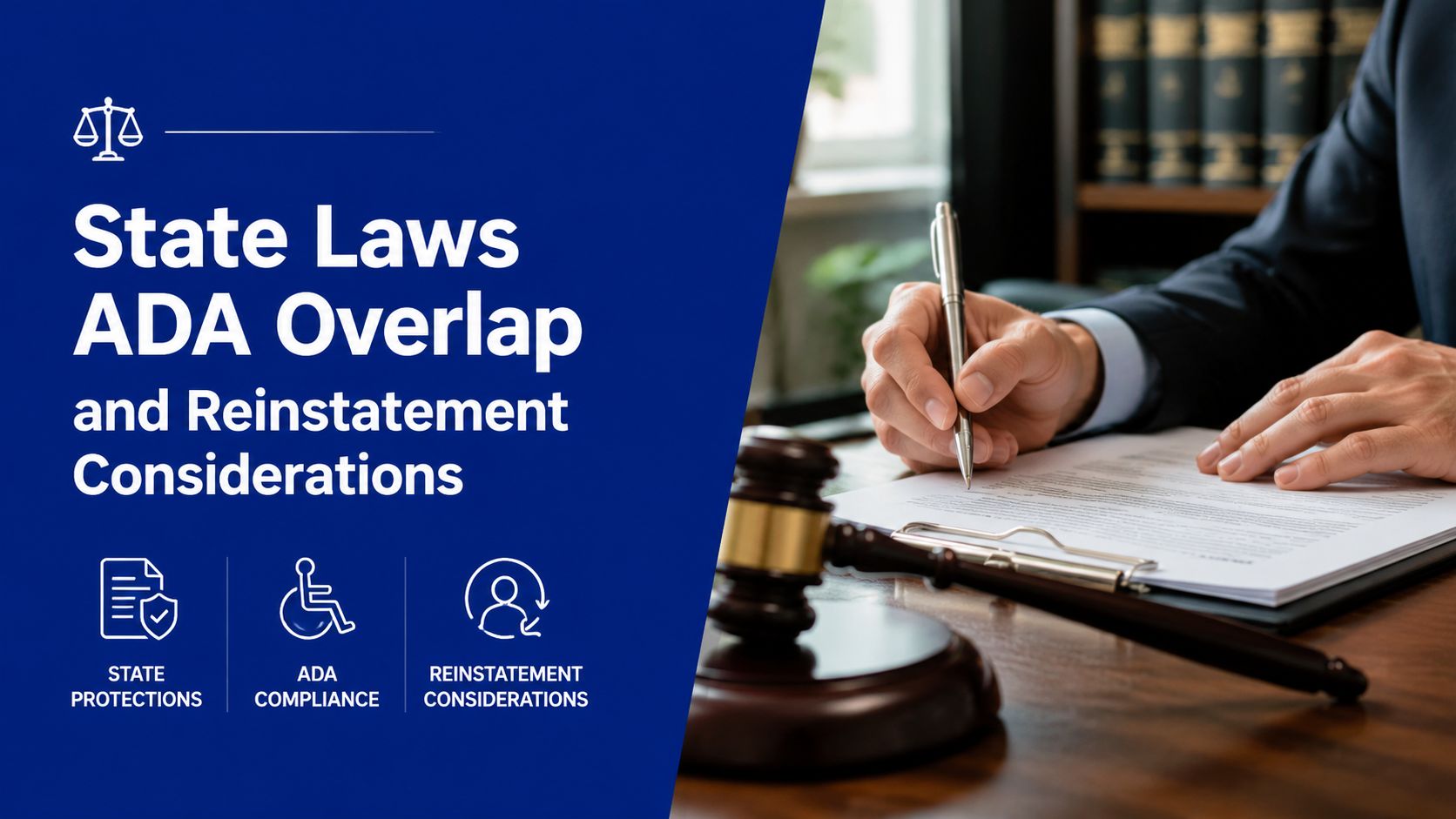 A professional document about state laws, ADA compliance, and reinstatement considerations with a gavel in the foreground.