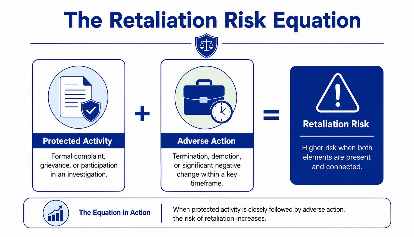 An infographic illustrating the retaliation risk equation showing how protected activity combined with adverse action increases risk.