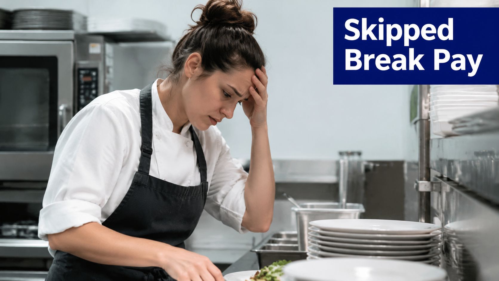 A tired, stressed chef in a commercial kitchen looking down at a plate while working.