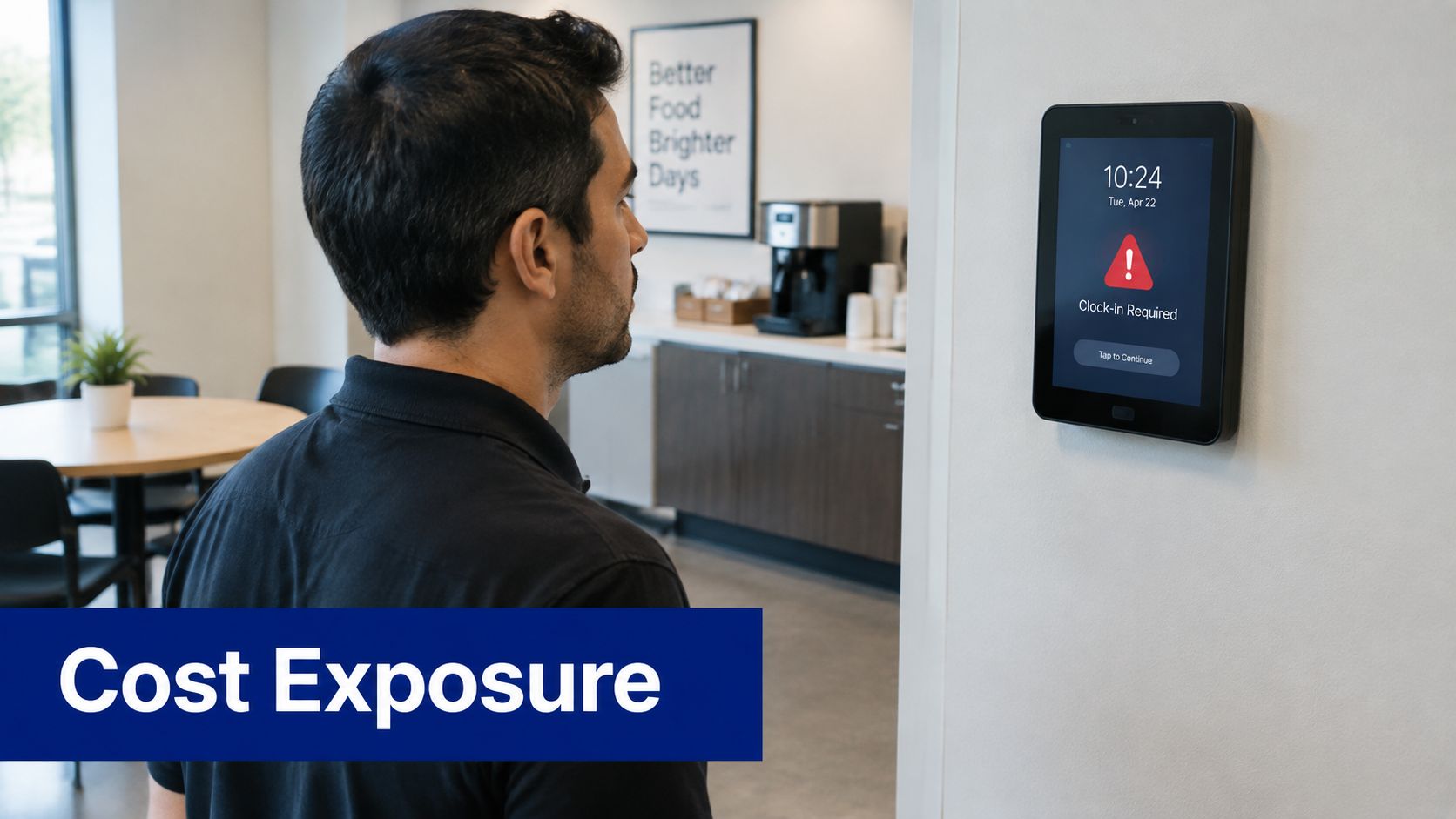 A man looking at a digital wall-mounted clock-in kiosk displaying an alert for an employee.