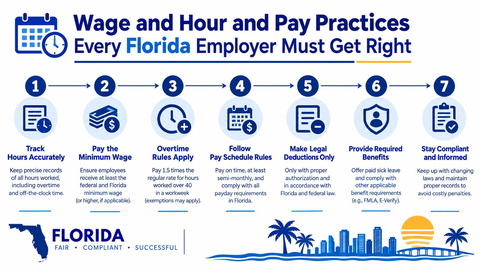 An infographic detailing seven essential wage, hour, and pay practice compliance tips for Florida-based employers.