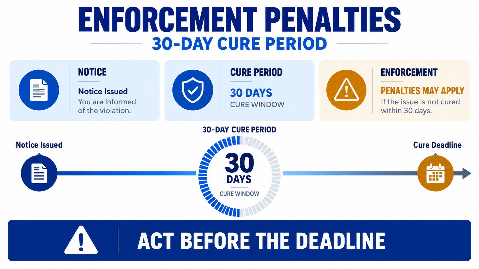 A diagram illustrating the 30-day cure period for enforcement penalties after a violation notice is issued.
