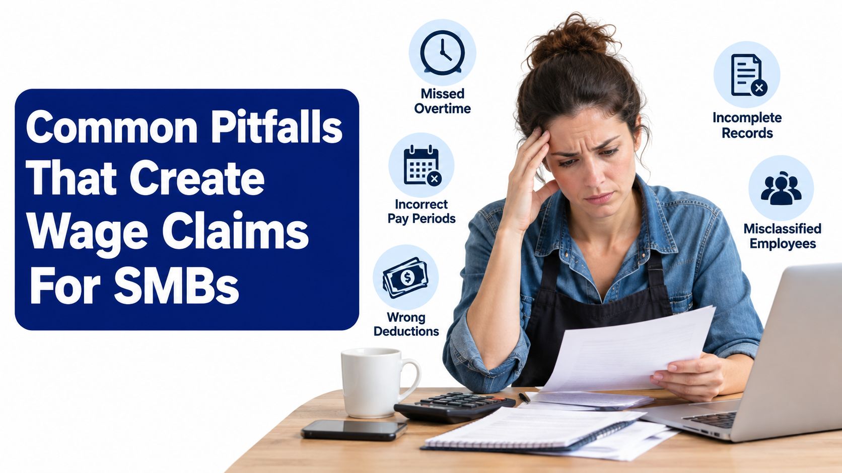 Stressed business owner reviewing financial documents at a desk while considering common workplace payroll mistakes.