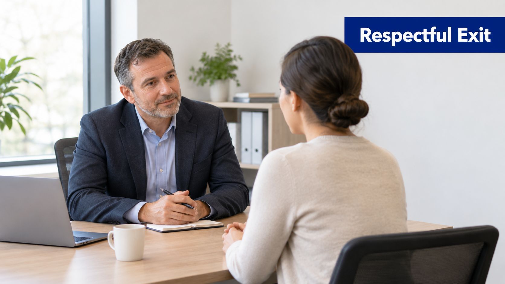A professional manager having a conversation with an employee during a meeting in an office setting.