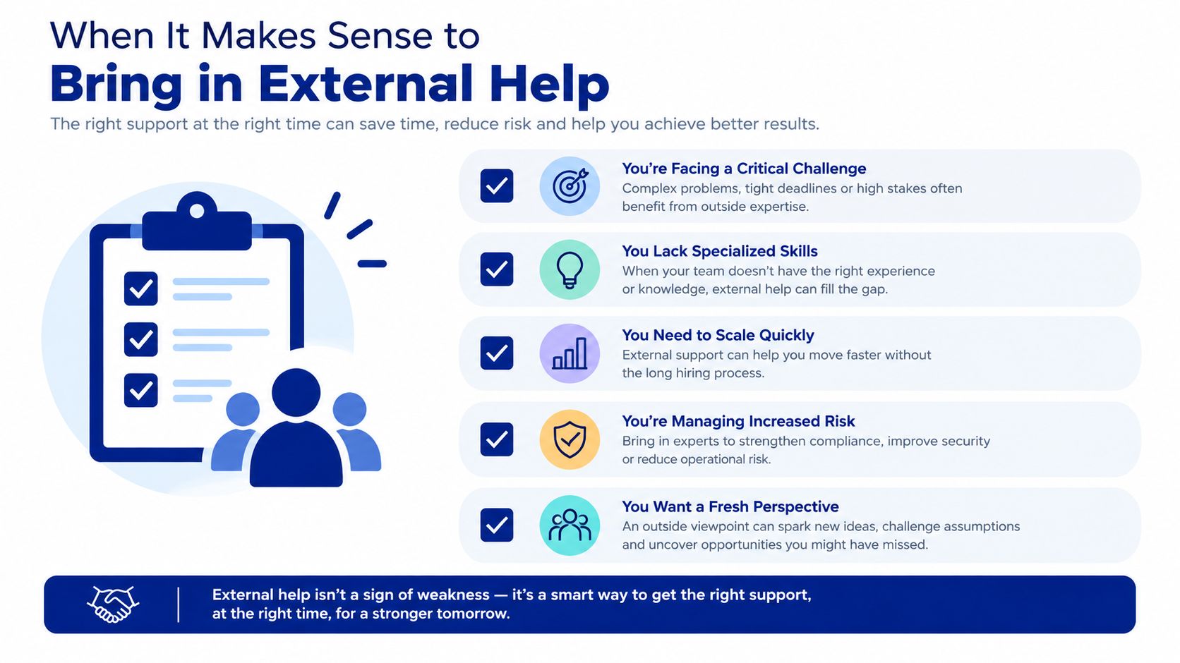 A graphic illustration detailing five key reasons to hire external support for businesses and project management.