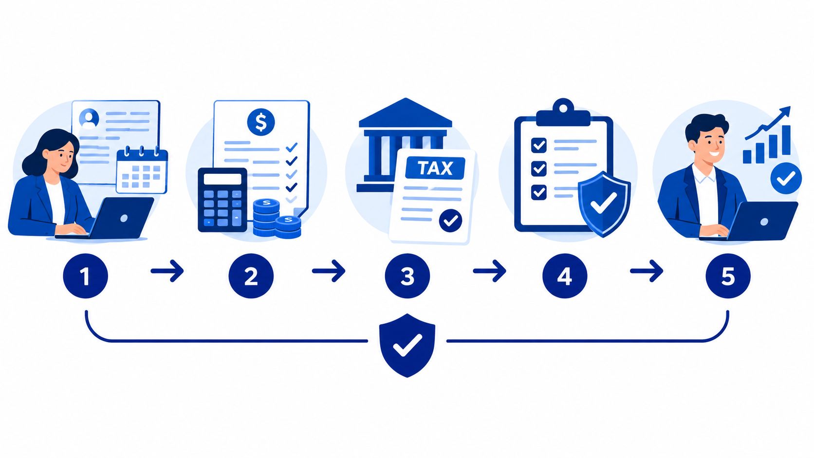 A five-step business process infographic showing financial planning, tax compliance, and growth for companies.