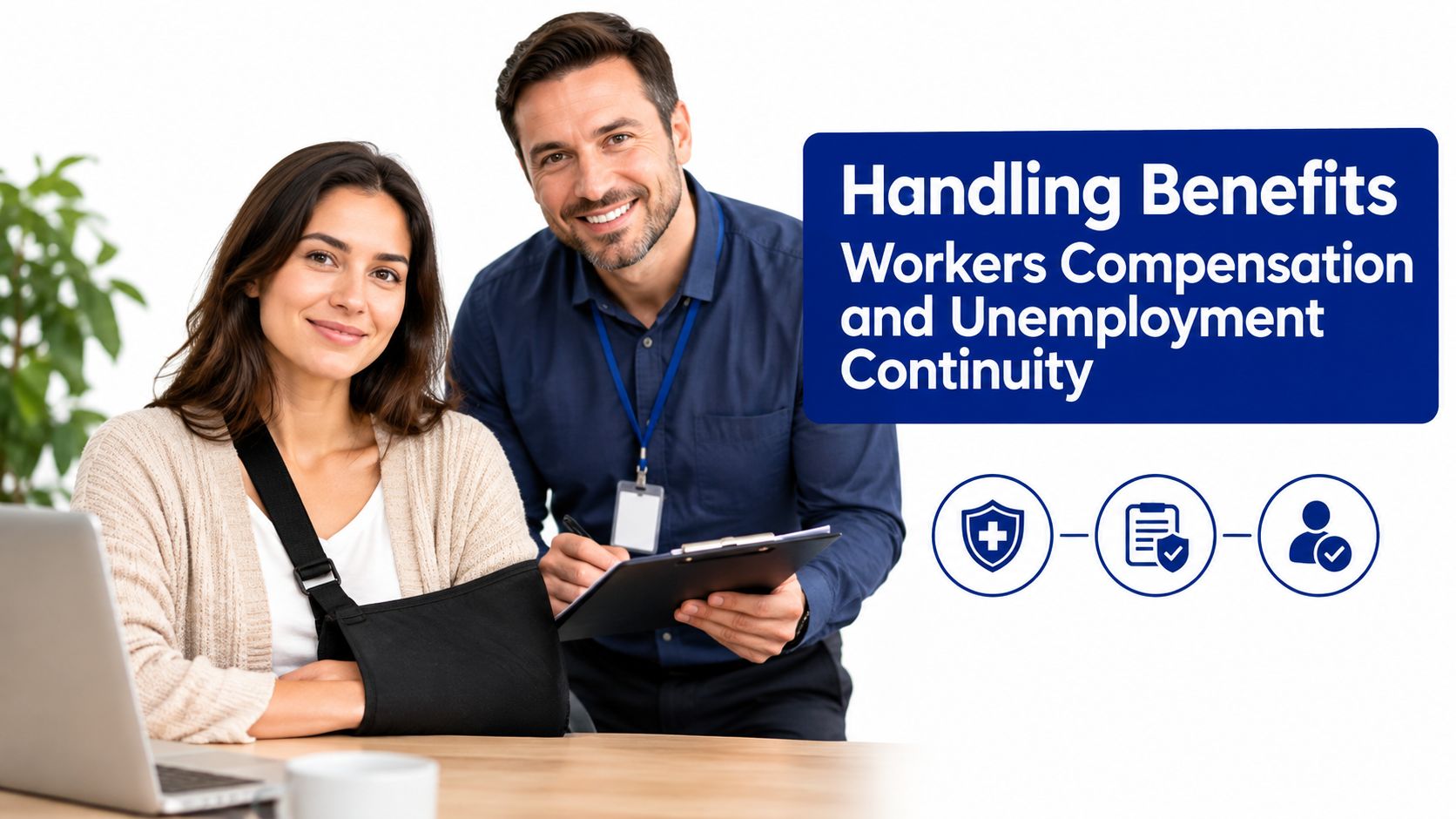 An office worker assists an injured woman with her workers compensation and unemployment benefits paperwork at work.
