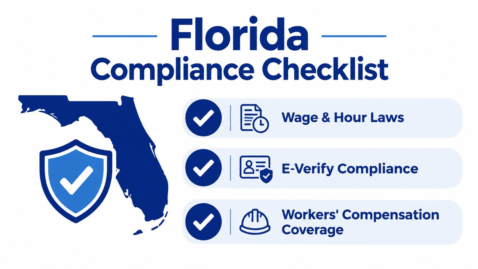 An infographic titled Florida Compliance Checklist displaying icons for Wage and Hour Laws, E-Verify, and Workers' Compensation.