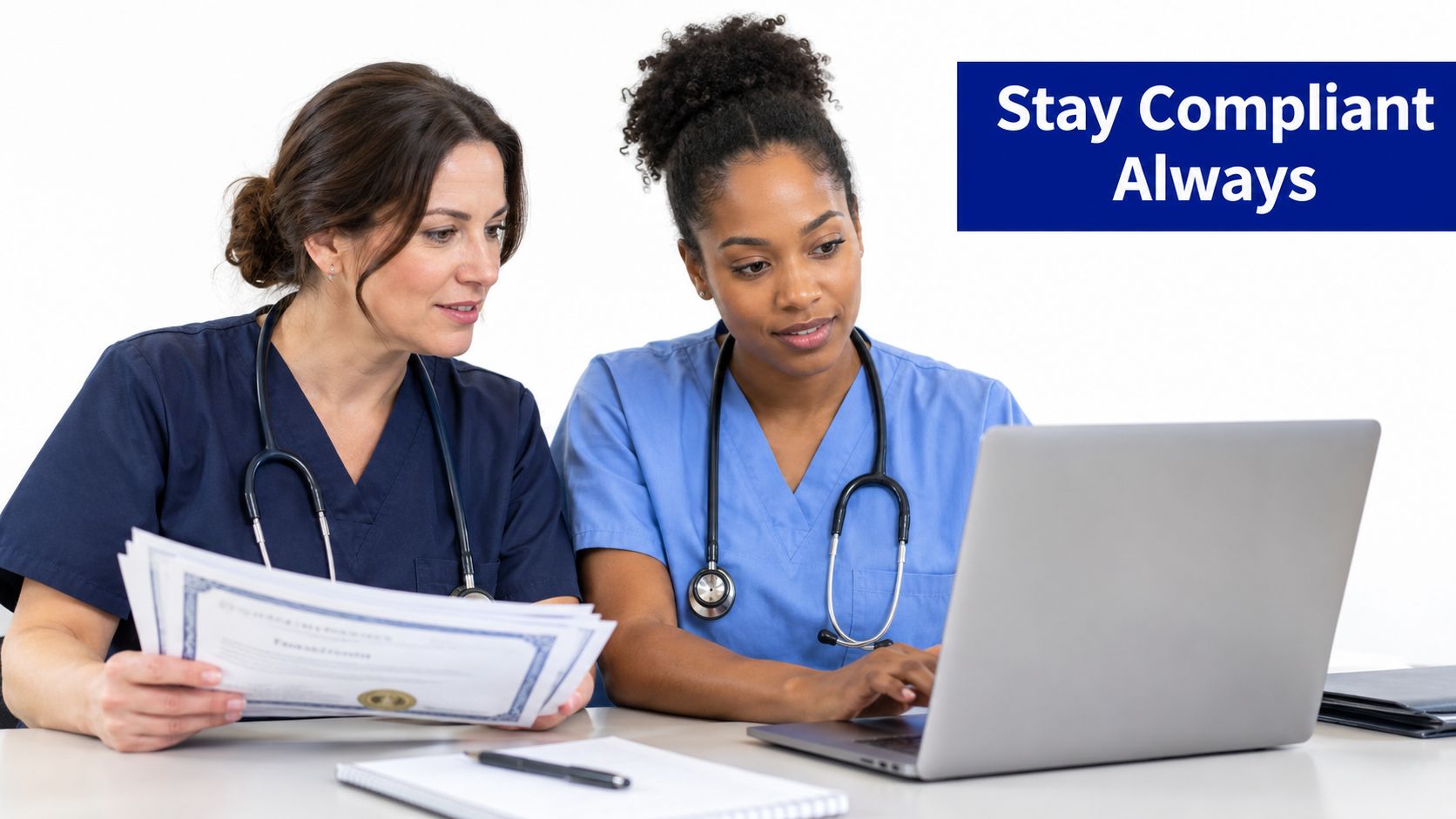 Two healthcare professionals in scrubs reviewing compliance documents and working on a laptop at a desk.