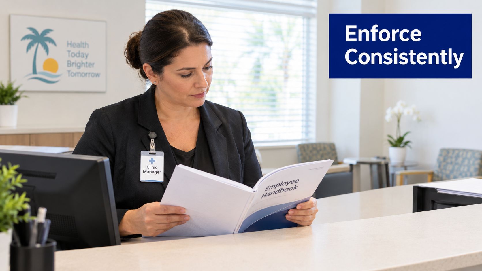 A clinic manager reviewing an employee handbook at a reception desk in a professional medical office.
