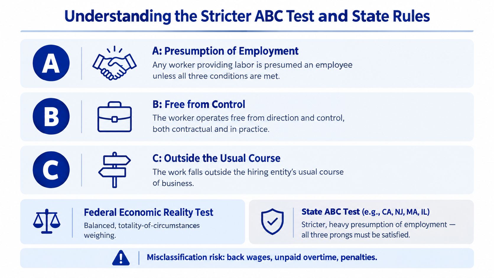 A diagram outlining the ABC test used for determining worker employment status and classification risks.