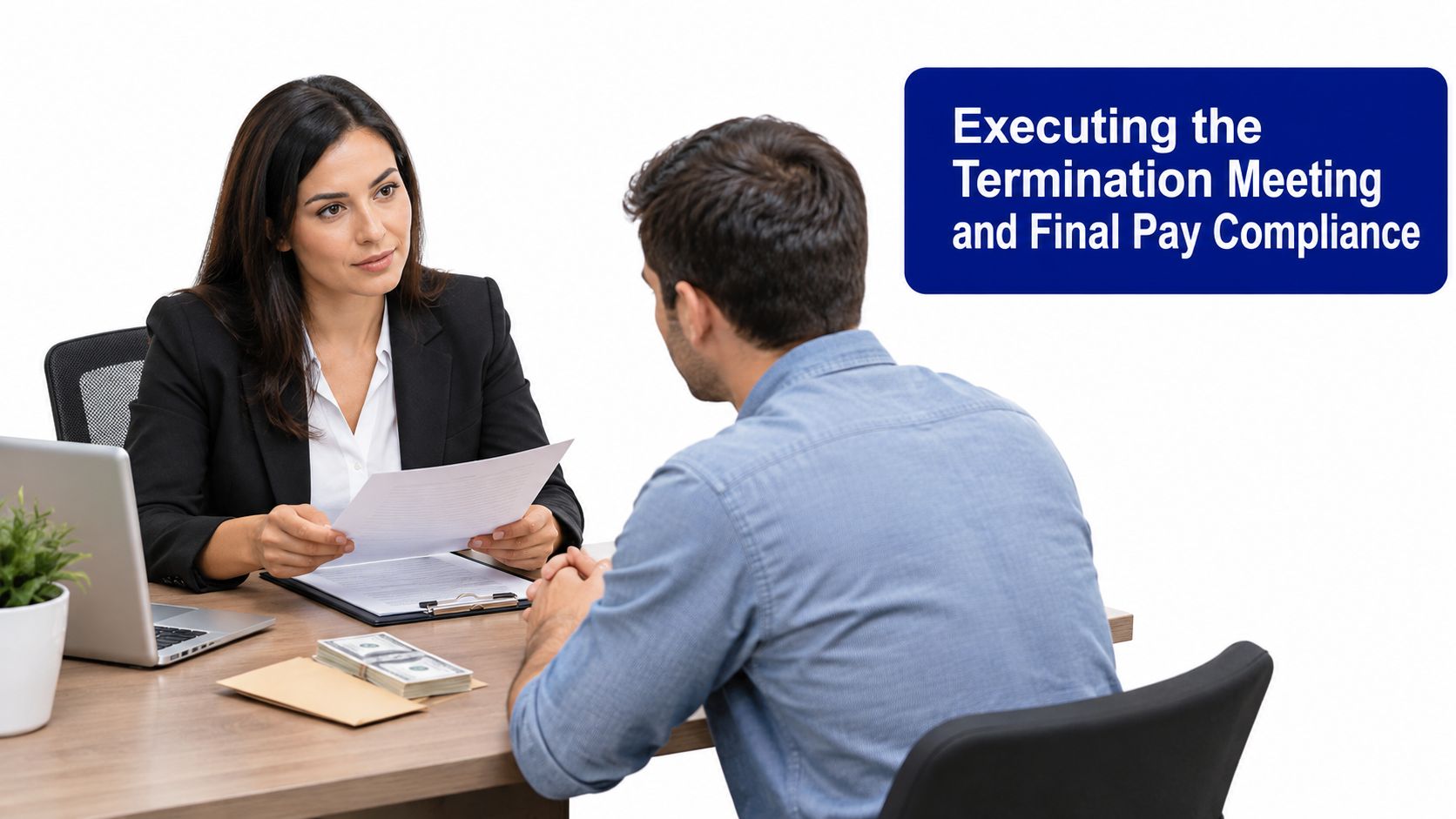 A professional woman in a business suit holding documents during an employment termination meeting with a male employee.