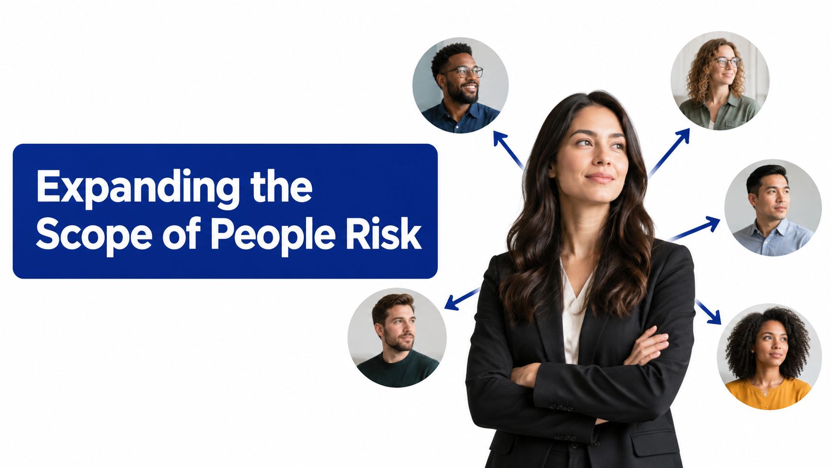 A professional woman standing with arms crossed next to a graphic showing people risk concepts.