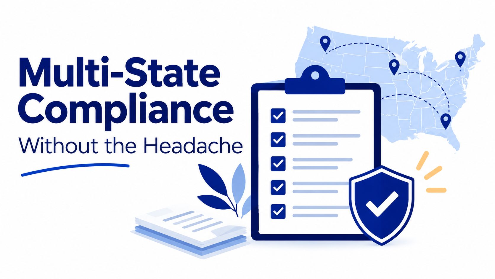A digital illustration showing a clipboard with a checklist and a shield, representing multi-state business compliance.