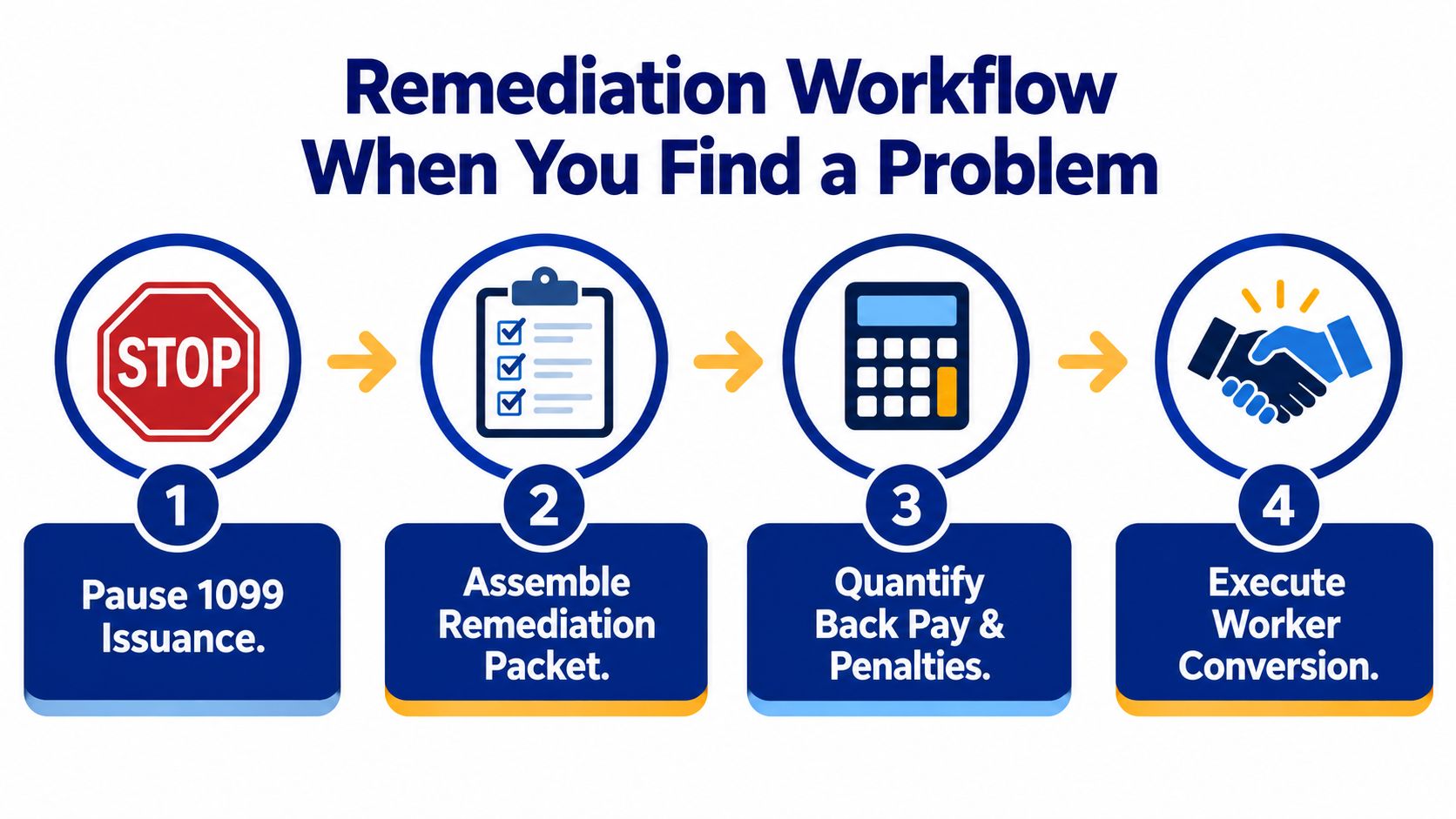 A four-step infographic illustrating the remediation workflow to resolve independent contractor misclassification issues.