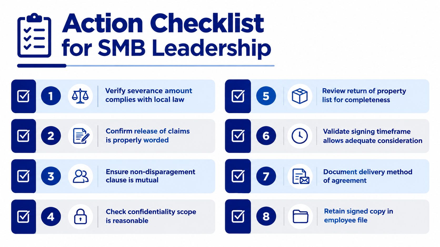A numbered checklist for SMB leadership outlining key legal and administrative steps during a severance agreement process.