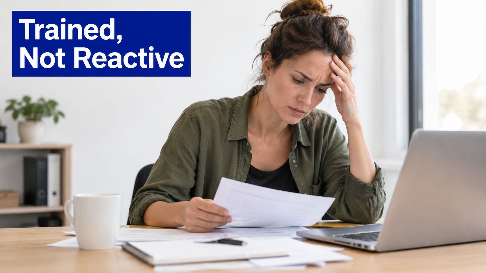 A woman looks stressed while reviewing paperwork at a desk next to her open laptop computer.