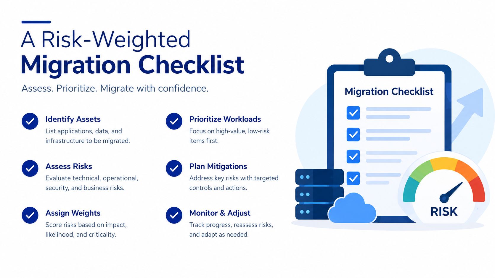 A checklist infographic outlining a risk-weighted migration strategy for business IT infrastructure and data transitions.