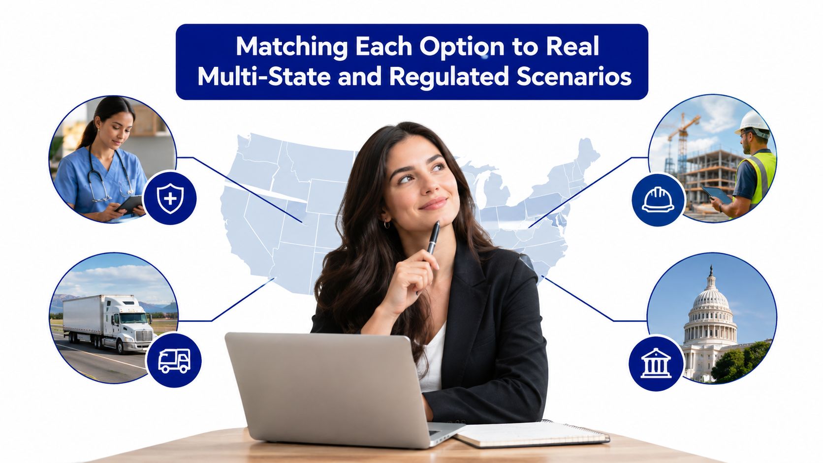 A professional woman thinking about multi-state business solutions representing healthcare, construction, logistics, and government sectors.