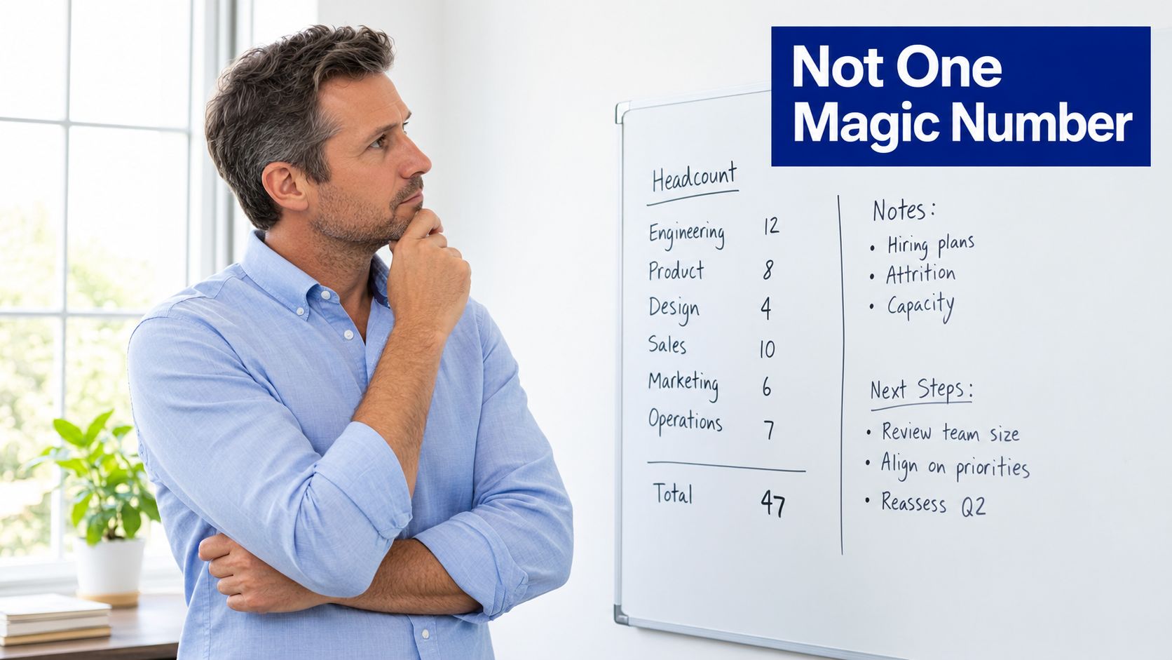 A professional man standing in an office, thinking while looking at a headcount whiteboard with team statistics.