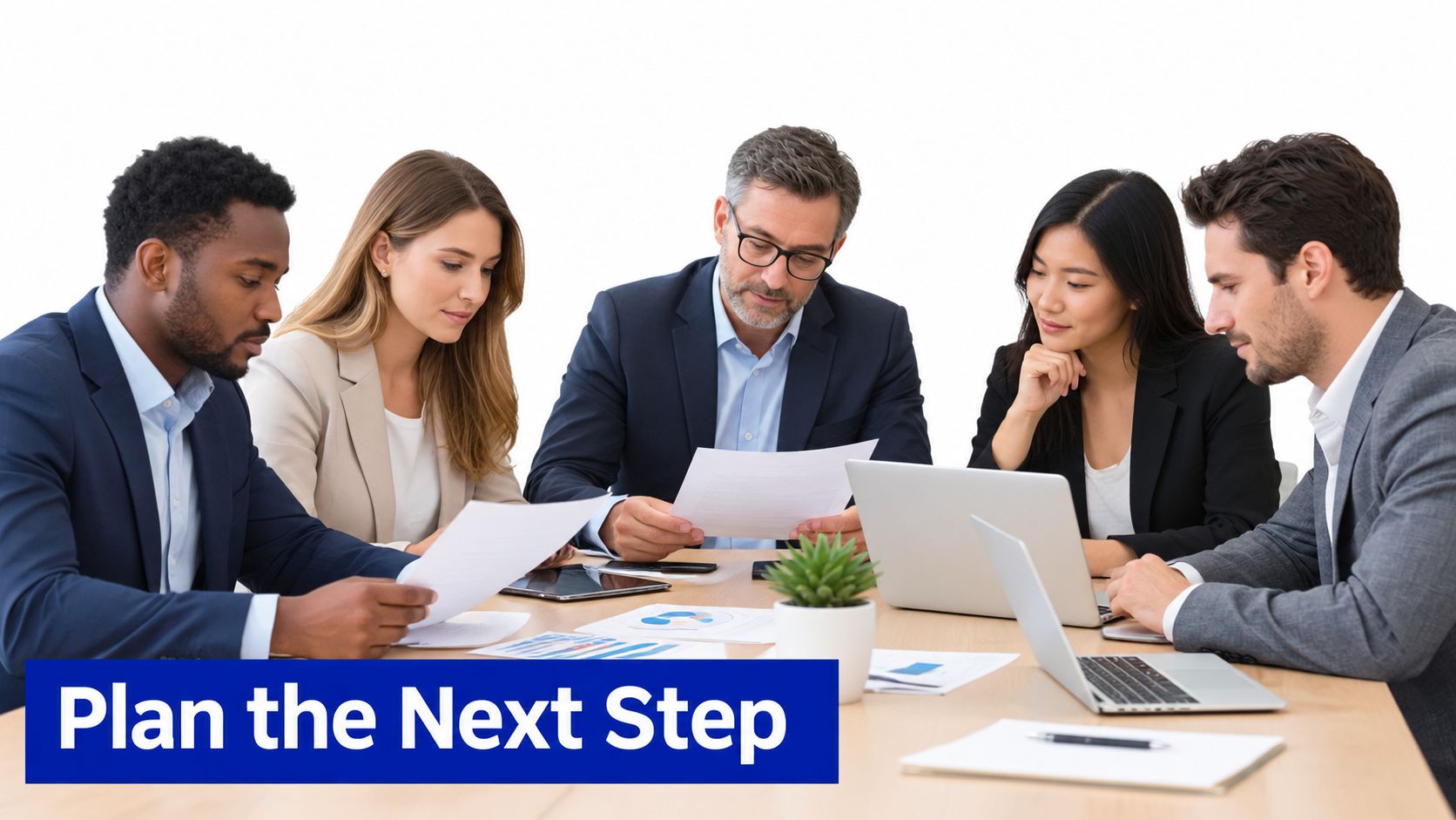 A diverse team of professionals in business attire collaborating on a project during an office meeting.