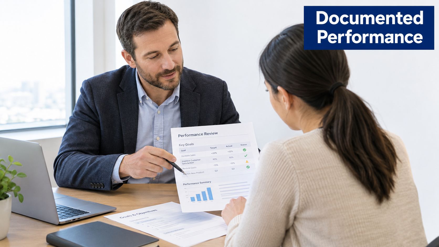 A manager discusses a performance review document with an employee during a professional business meeting.