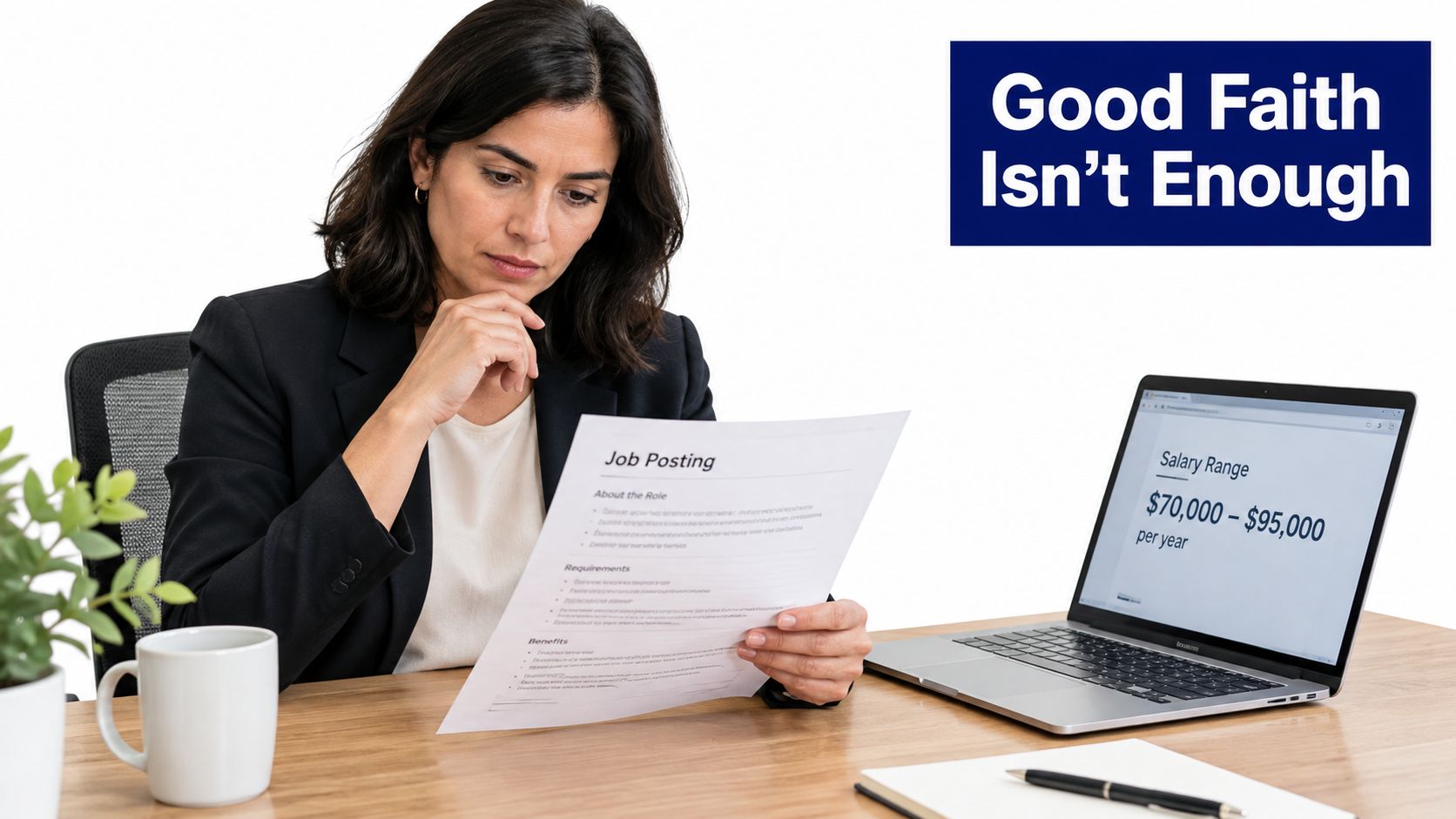 A professional woman in a business suit reviewing a job posting while sitting at her office desk.